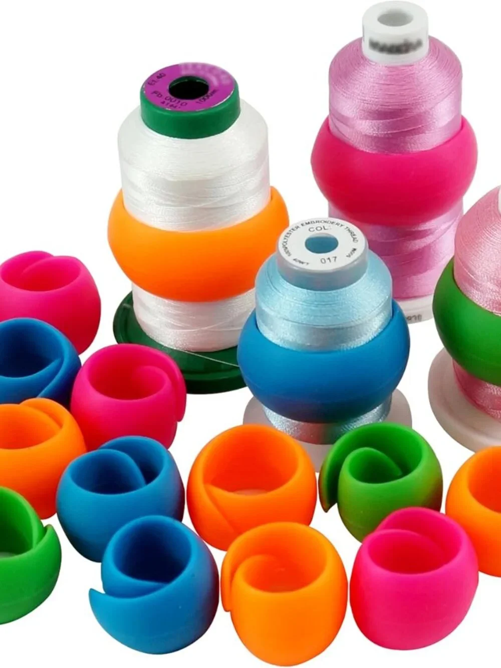 Lot of 83 Thread Spool Savers Spool Huggers multiple colors Flexible silicone